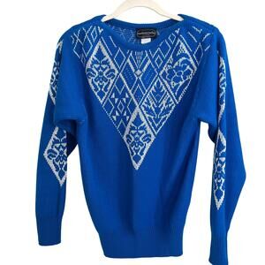 Vintage Fair Isle Sweater Blue White Geo Floral Mademoiselle Women Size Small